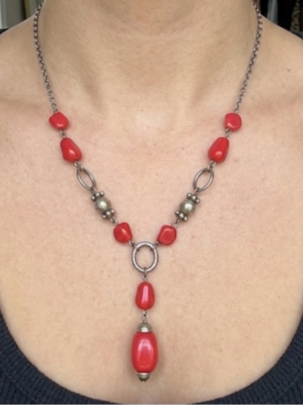 Silver-Tone Necklace with Red Bead Pendant - Women's Jewelry